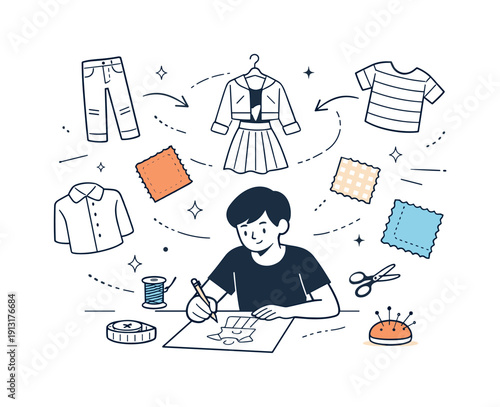 Fashion Redesign Sketch. Creative clothing redesign. Editorial scene of a person sketching or planning a redesigned outfit from old clothes, simple design