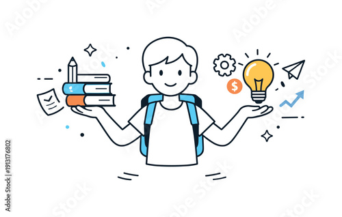 Learning entrepreneurship early. A young person balancing school books and business ideas, symbolizing education, initiative, and future