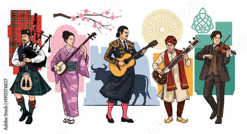 Musicians from different cultures play traditional instruments in colorful outfits and settings