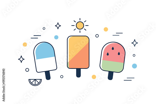 Image Generation. Abstract popsicle summer. Geometric popsicle forms floating with small decorative dots and lines. Playful yet clean composition expressing