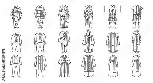 Collection of 16 black and white line drawings of various traditional and historical clothing items and robes on white background