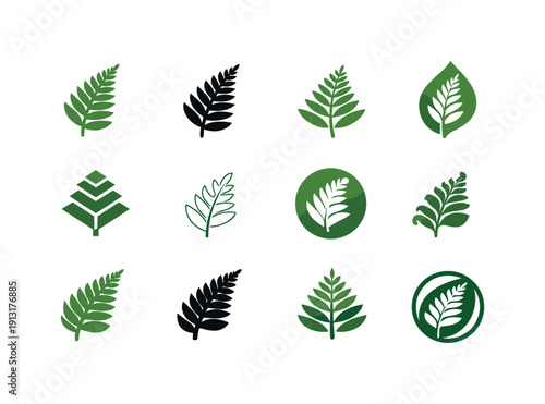 Image Generation. Greenery. Icon set. Set Logo of Greenery: fern frond. harmonious logo variations of the same emblematic concept, each with different artistic