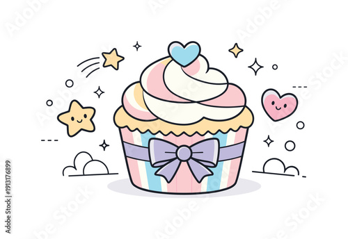 Cupcakes pastel. A pastel cupcake with a ribbon and soft decorative shapes around, designed as a hero element in an airy layout. The mood is