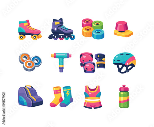 Roller skate gear. Colorful flat vector icons set of roller skate gear: quad skates, inline skates, skate wheels, toe stop, bearings, skate