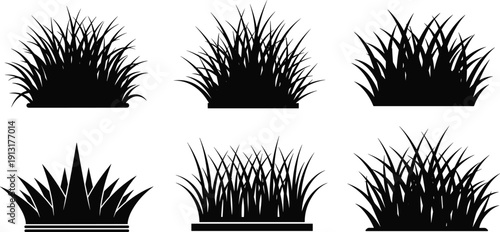 Set of Black Silhouette Vector Illustrations Featuring Various Patches of Green Grass and Lawn Tufts for Nature Garden and Landscape Graphic Designs
