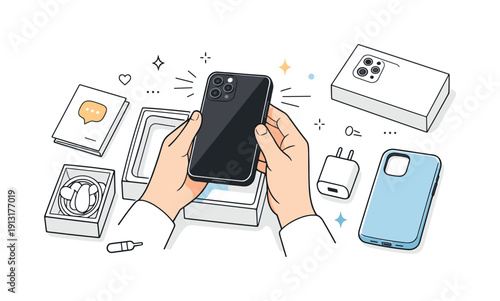 Smartphone Unveiling. Unboxing the latest smartphone and accessories. Hands carefully lifting a new smartphone from its box, clean packaging neatly arranged.