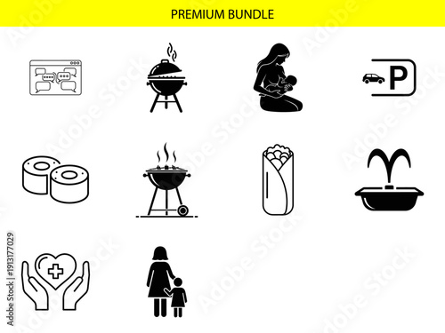 A display of twelve black and white pictogram icons covers themes such as grilling, family care, dining, and urban amenities like parking.