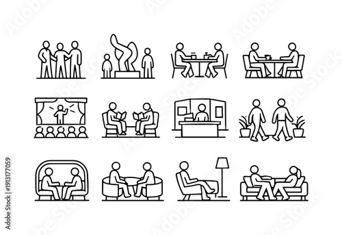 Public atrium use. Line icon set of public atrium use: people gathering, art installation, indoor cafe table, casual meeting icon, atrium