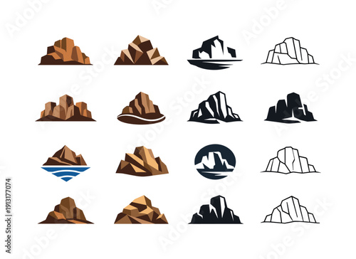 Rocky cliffs. Icon set. Set Logo of rocky cliffs: layered cliff formation. harmonious logo variations of the same emblematic concept, each
