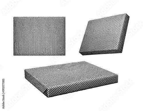 Halftone decorative gift paper texture. A single decorative gift paper texture shown in three views: front view, angled view, and perspective