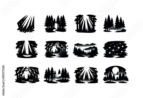 Mystical woodland light. Solid icon set of mystical woodland light: ethereal sunbeam, enchanted forest, glowing rays, tall trees, foggy