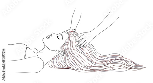 Hair Wash and Scalp Massage Line Illustration - Woman Relaxing During Salon Shampoo Treatment, Professional Hair Care Service, Beauty Spa Therapy Outline Vector