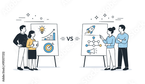 Creative Idea Showdown. Competing ideas. Teams presenting different ideas on boards, facing each other with calm confidence. Healthy competition, focus on
