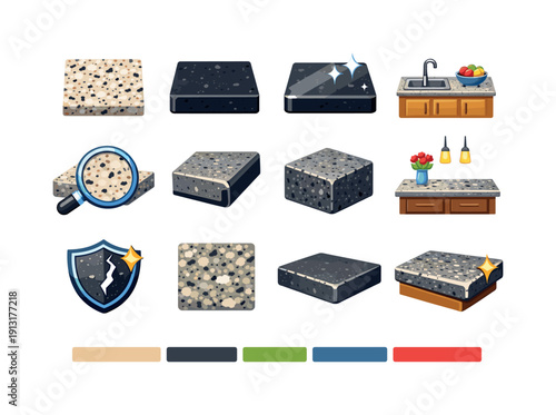 Granite Countertop. Colorful flat vector icons set of Granite Countertop: speckled granite surface, dark granite slab, polished granite