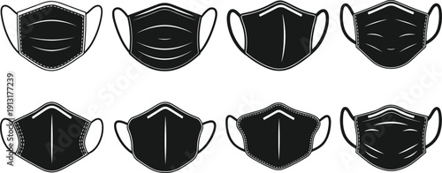 Set of Black Silhouette Vector Illustrations of Eight Medical Face Masks for Healthcare Protection Pandemic Safety Hygiene and Personal Preventive Equipment Designs