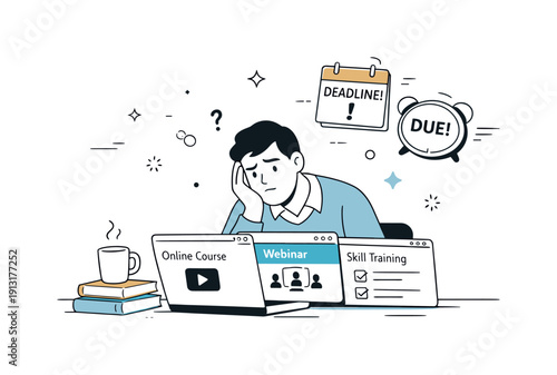 Workplace Learning Burnout. Learning burnout at work. An editorial-style scene of an employee staring at multiple open learning tabs while deadlines hover