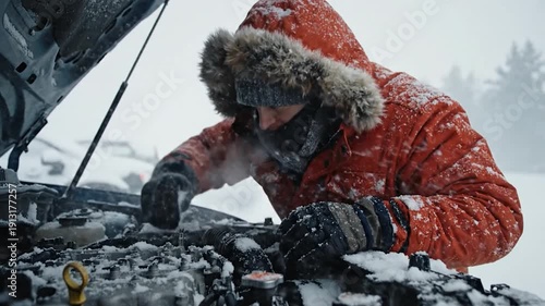Man inspecting car engine in heavy snowfall during winter roadside maintenance