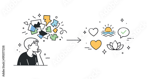 Processing past trauma. A thoughtful character looking at fragmented abstract memories that gradually reorganize into calm symbols. The scene