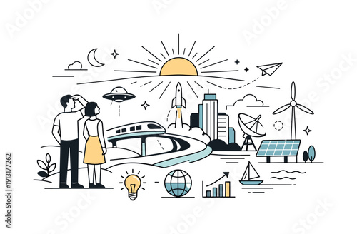 Optimistic future vision. Abstract retro-futuristic world blending past design and future ideas, calm hope and clarity. Geometric shapes,