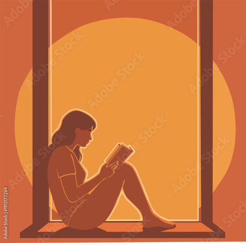A modern illustration of a woman sitting on a wide windowsill, reading a book