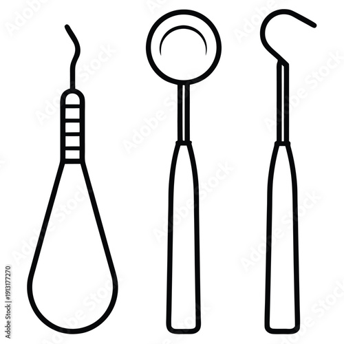 Set of dental examination tools vector line icons including mirror and probe instruments