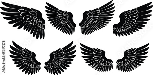 Set of Black Silhouette Vector Illustrations of Six Majestic Wings for Angel Bird Mythology Protection Freedom and Creative Graphic Design Projects