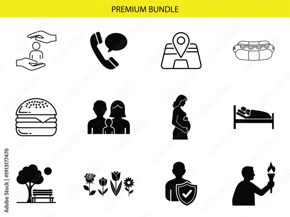 Fototapeta premium A diverse collection of black and white line and solid fill vector icons represents essential lifestyle concepts such as family, health, communication, food, and leisure activities.