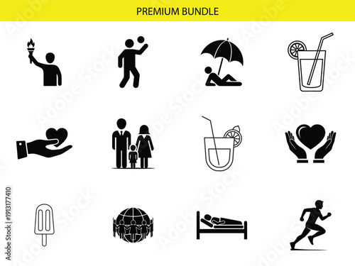 A bundle of diverse silhouette icons depicts human figures engaged in sports, leisure, family life, and acts of care, alongside representations of drinks, desserts, and global community.
