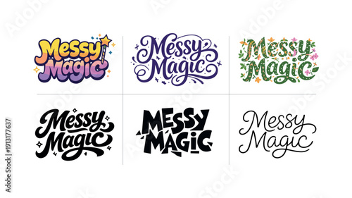Messy magic lettering. Set lettering. harmonious lettering variations of the same emblematic concept, each with different artistic