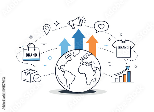 Global expansion concept. Abstract visualization of a brand growing worldwide, balanced optimism and clarity. Globe, upward arrows, and brand