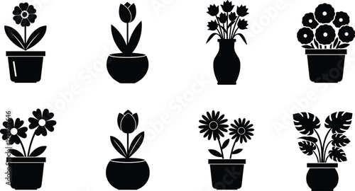 Potted plant and flower silhouette collection featuring decorative indoor plants isolated on white background black vector illustration set