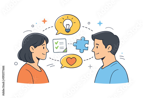 Healthy communication concept. A couple facing each other with shared notes or symbols between them, representing problem-solving and