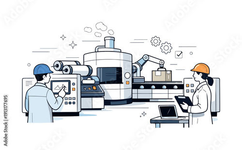 Industrial machinery. Engineers monitoring a large production machine with control panels, calm focus and precise teamwork. Clean industrial