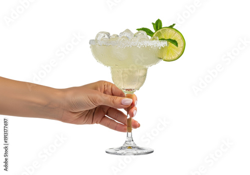slender woman's hand holding an ice-cold lime margarita cocktail with a perfectly salted rim and condensation, ultra-detailed macro close-up on a high-key white background. concept for premium