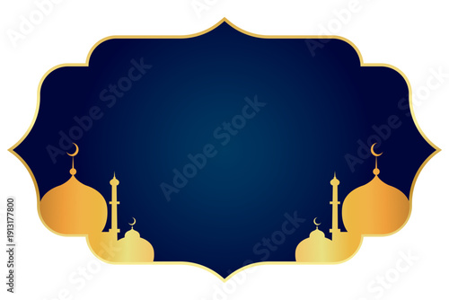 Islamic ornamental frame, blue gradient, mosque silhouettes, elegant gold accents