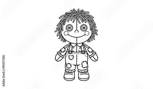 Cheerful Rag Doll Black and White Vector Illustration