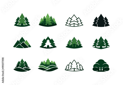 Forest. Icon set. Set Logo of forest: layered tree canopy. harmonious logo variations of the same emblematic concept, each with different