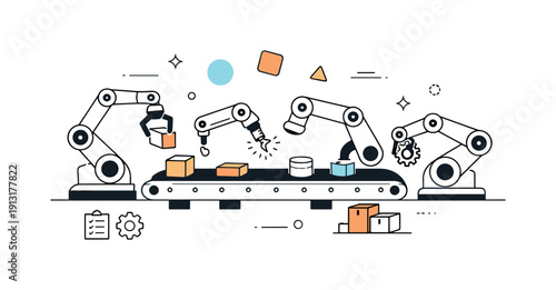 Smart manufacturing robots. Multiple industrial robots working together around a conveyor belt, expressing synchronized collaboration and