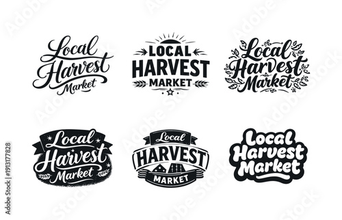Diverse Lettering Styles. Local harvest market lettering. Set lettering. harmonious lettering variations of the same emblematic concept, each with different