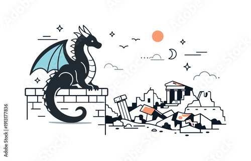 Ancient city guardian. A dragon perched on a high wall overlooking collapsed buildings and empty streets. Calm strength and quiet