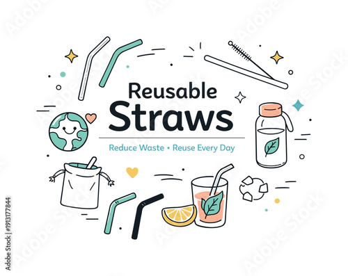 Reusable straws. Abstract editorial layout with reusable straw icons arranged harmoniously. Concept of zero waste, reuse, and simple daily