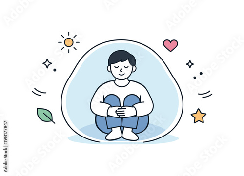 Minimal mental health illustration. A single character centered within a soft protective shape, with small positive symbols floating gently