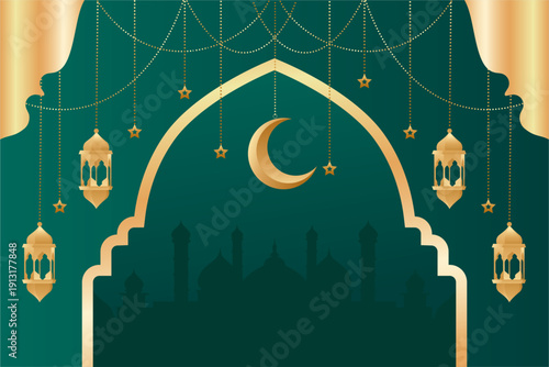 Green Ramadan arch, crescent moon, lanterns, mosque silhouette background