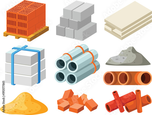 Construction building materials set including bricks, concrete blocks, pipes and sand flat vector illustration isolated on white