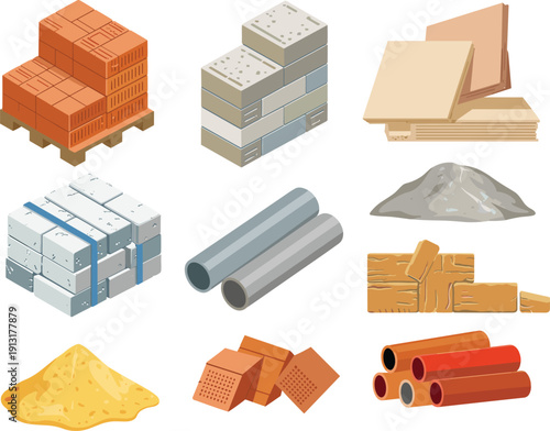 Building construction materials collection with bricks, concrete blocks, wood panels and pipes flat vector illustration isolated