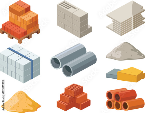 Construction building materials set with bricks, concrete blocks, pipes and sand flat vector illustration isolated on white