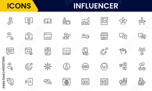 Influencer and blogging line icons collection. Big UI icon set in a flat design. Thin outline icons pack. Vector illustration