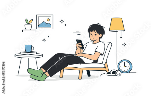 Everyday boredom realism. Teen slouched on a chair scrolling a phone, soft neutral room around, expression calm but disengaged. Ordinary,