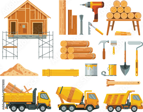 Flat vector construction set with wooden house frame, tools, materials and trucks isolated on white background illustration