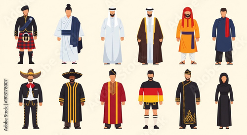 Diverse group of people wearing traditional cultural clothing from around the world standing in two rows on beige background